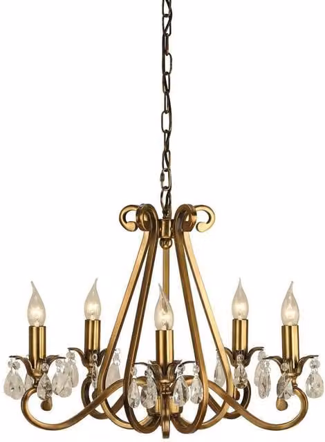 Interiors 1900 Oksana 5 Light Multi Arm Ceiling Pendant Chandelier in Antique Brass and Crystal, Diameter: 61 cm