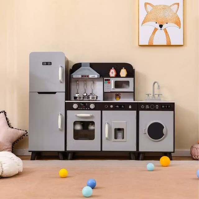Costway 3 in 1 Kids Kitchen Playset in Brown and Grey