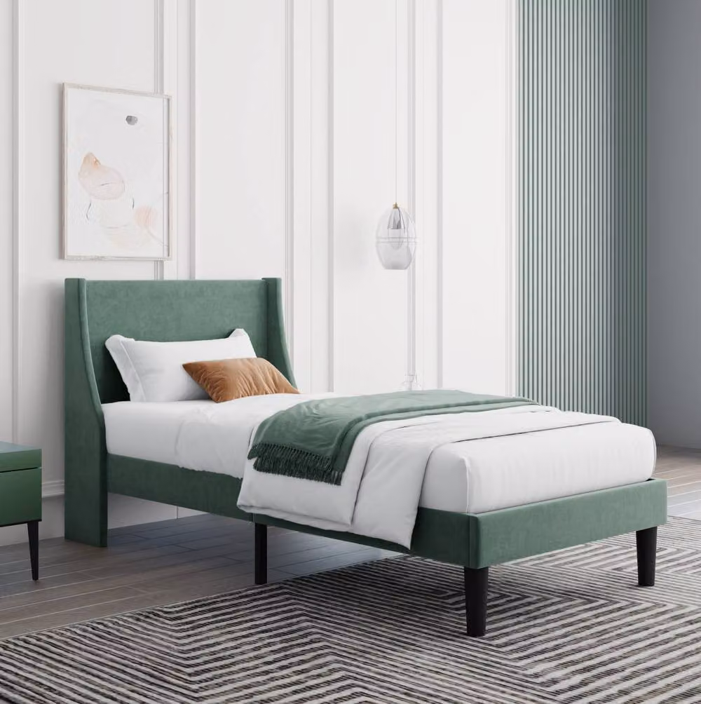 STILVORA Single Upholstered Velvet Bed Frame with Winged Headboard in Green, W/D/H: 90 x 190 cm – 2