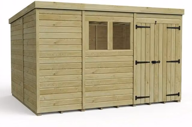 Buttercup Farm Brown Timber Pent Garden Shed with Double Doors and Windows, W/D/H: 335.28 x 305 x 210 cm – 1