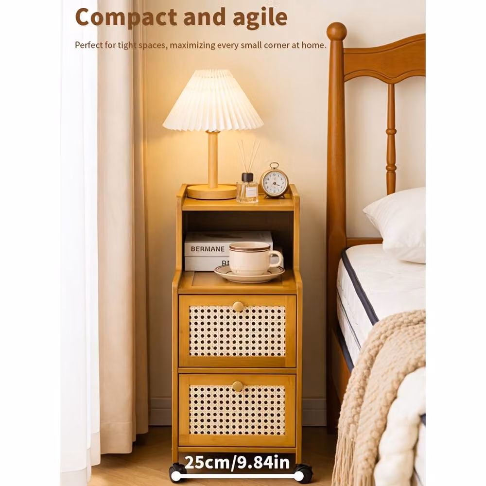 Ventryn Bamboo Narrow Edge Nightstand, Modern Minimalist Rolling Drawer Unit in Brown – 4