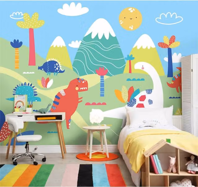 Origin Murals Dinosaur Land Green Wall Mural for Children in Green and Multicolour