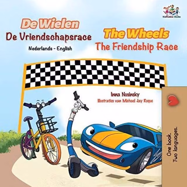 Kidkiddos Books The Wheels The Friendship Race Dutch English Bilingual Book in White and Multicolour