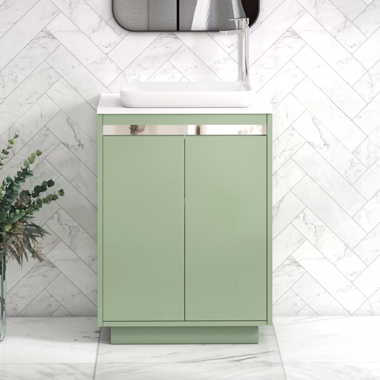 Royal Bathrooms Orion 600mm Mint Sage Floor Standing 2 Door Vanity Unit with Qubix Basin and Chrome Accent Trim