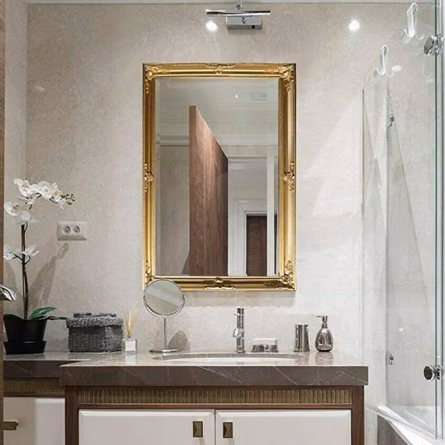 Biznest Baroque Style Ornate Rectangular Wooden Wall Mounted Mirror in Gold