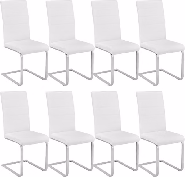 Tectake Set of 8 White Synthetic Leather Cantilever Dining Chairs with Metal Base