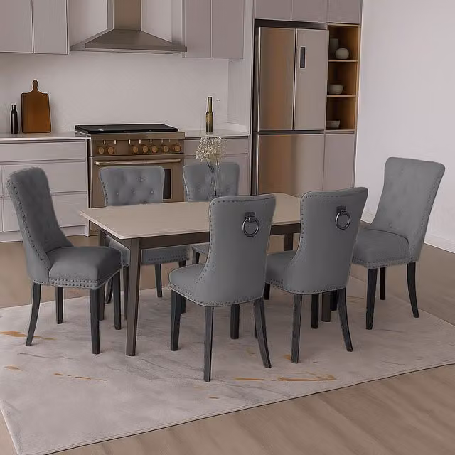 Neo Set of Six Studded Velvet Dining Chairs with Ring Knocker in Grey