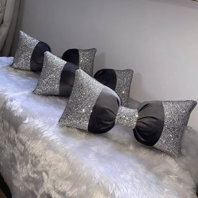 Fabricnco Plush Velvet Bow Cushion in Grey and Silver, W: 33.02 cm x H: 22.86 cm