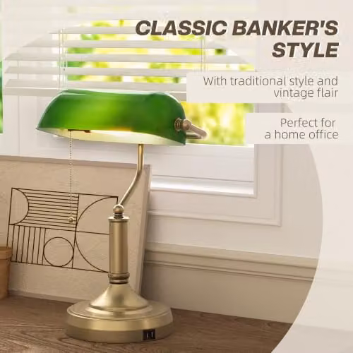 HOMCOM Vintage Banker's Table Lamp with Green Glass Dome Shade and Bronze Metal Base – 3