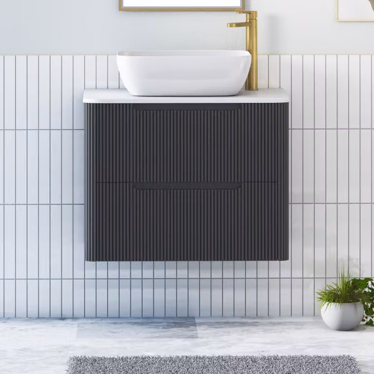 Royal Bathrooms Avenza 800mm Wall Hung Vanity Unit in Matt Obsidian Black with 2 Drawers, Plain White Worktop and Elva Basin