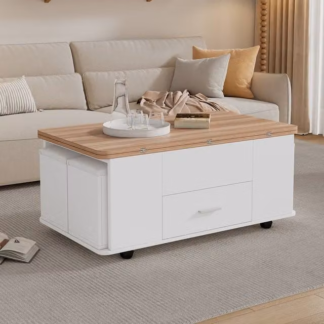 Rolipo Convertible Lift Top Coffee Table with Stools and Hidden Storage in White – 1