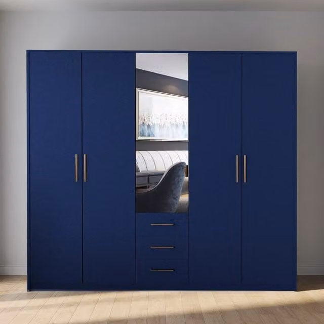 Swindon 5 Door Wardrobe in Matt Blue with Mirror and 3 Integrated Drawers, 200 cm Wide