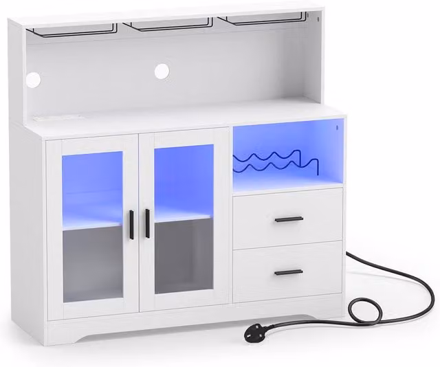 Costway Modern White Wine Bar Cabinet with Integrated LED Lighting and Charging Station