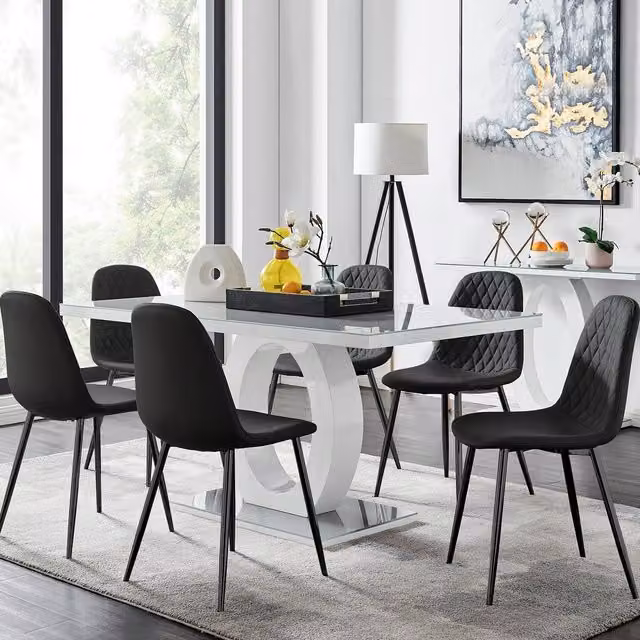 FurnitureboxUK Giovani 6-Seater Grey Glass Rectangular Dining Table and 6 Black Faux Leather Corona Dining Chairs – 1