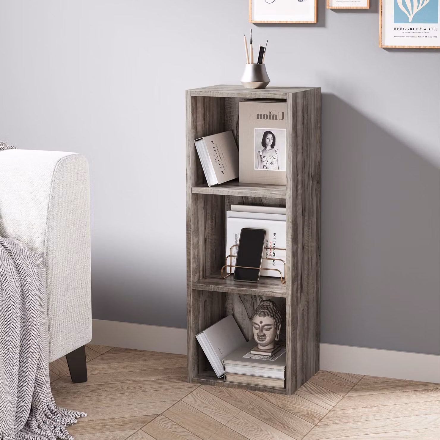 DHS Modern 3-Shelf Cube Storage Unit and Tall Narrow Bookshelf in Coach Wood