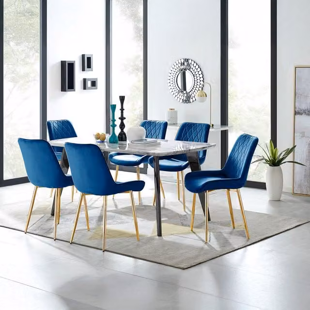 FurnitureboxUK Andria Marble Effect Dining Table with Black Legs and 6 Pesaro Navy Blue Velvet Chairs with Gold Legs – 1