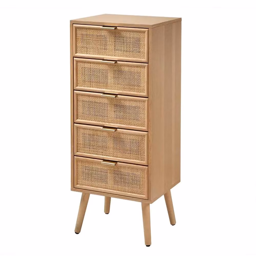 CALICOSY MIYA 5-Drawer Chest with Natural Rattan Fronts in Light Brown, W: 36.5 cm, H: 100.5 cm – 2