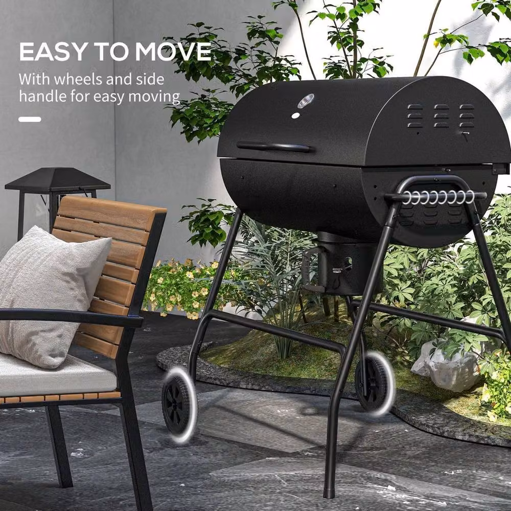 FLAVORA Barrel Charcoal Barbecue BBQ Grill Trolley with Warming Rack and Thermometer, Black, H x W x D: 102 x 71.5 x 95 cm – 3