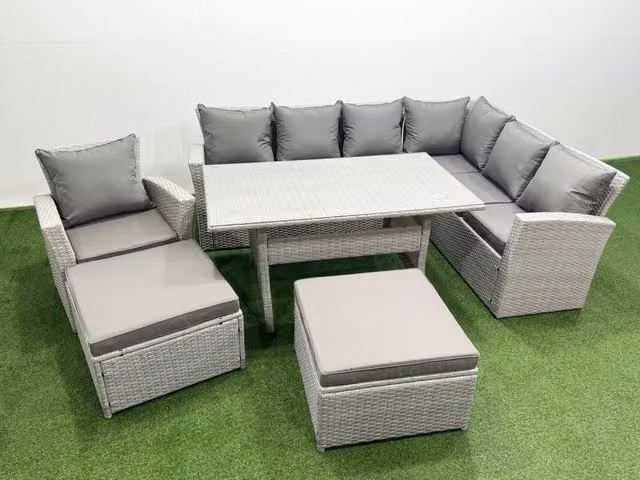 Fimous 9 Seater Rattan Garden Furniture Set with Corner Sofa and Dining Table in Light Grey