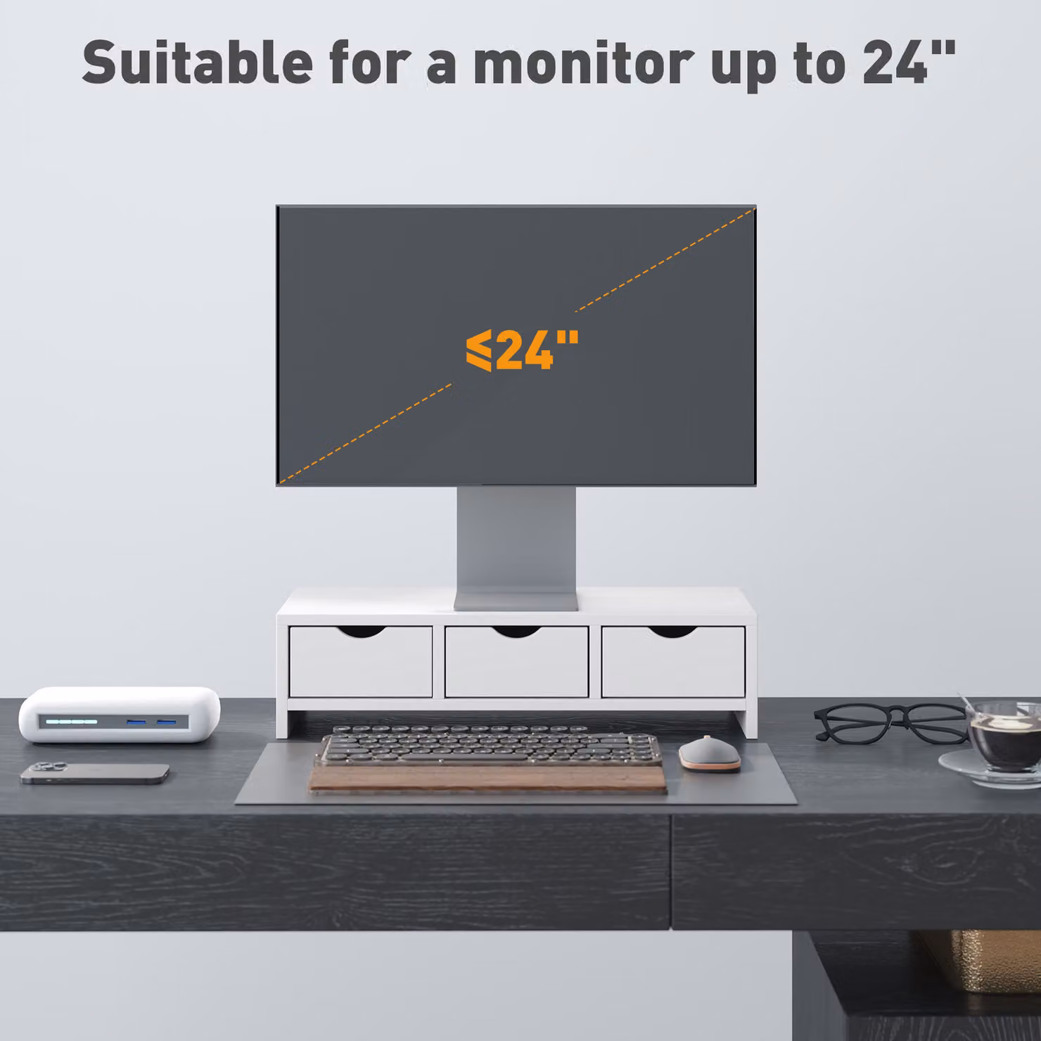 HOMCOM Monitor Stand Riser with 3 Drawers for Laptop, Computer or Printer, White, W: 51 cm, D: 24 cm, H: 13 cm – 6