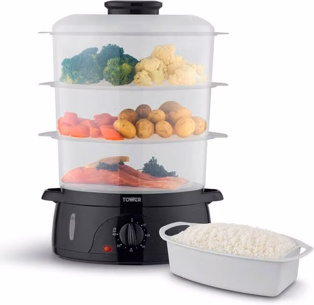Tower 9L Three Tier Food Steamer with Timer in Black and Transparent