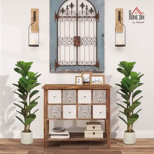 HOMCOM Set of 2 Artificial Fiddle Leaf Fig Trees, Green and White, Height: 120 cm – 2