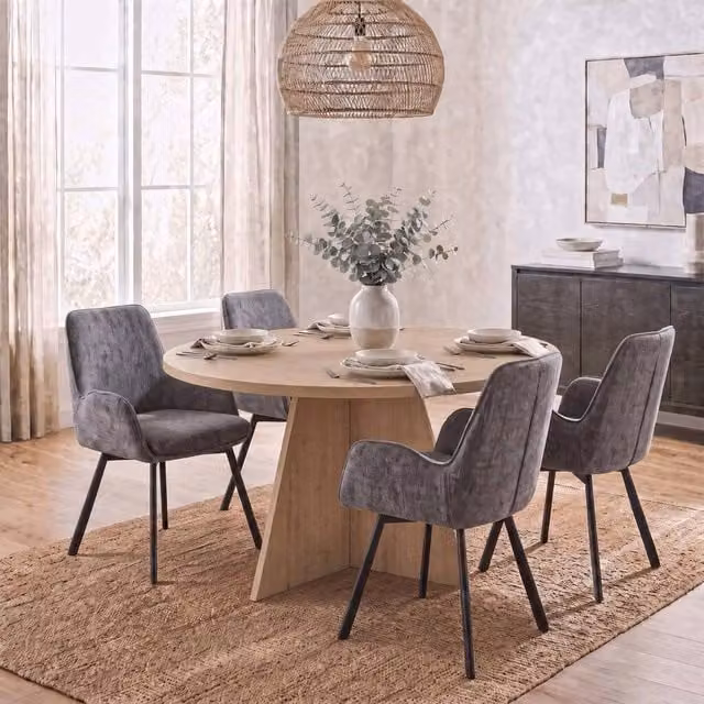 FWStyle Round Natural Oak Dining Table and 4 Grey Swivelling Dining Chairs in Brown, Diameter: 120 cm