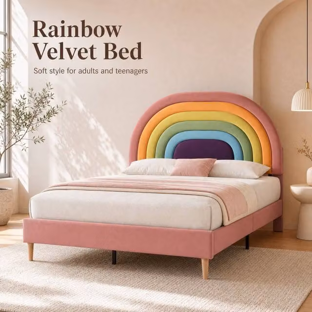 STILVORA Pink Velvet Upholstered Double Bed with Adjustable Headboard W/D/H: 135 x 190 cm – 1