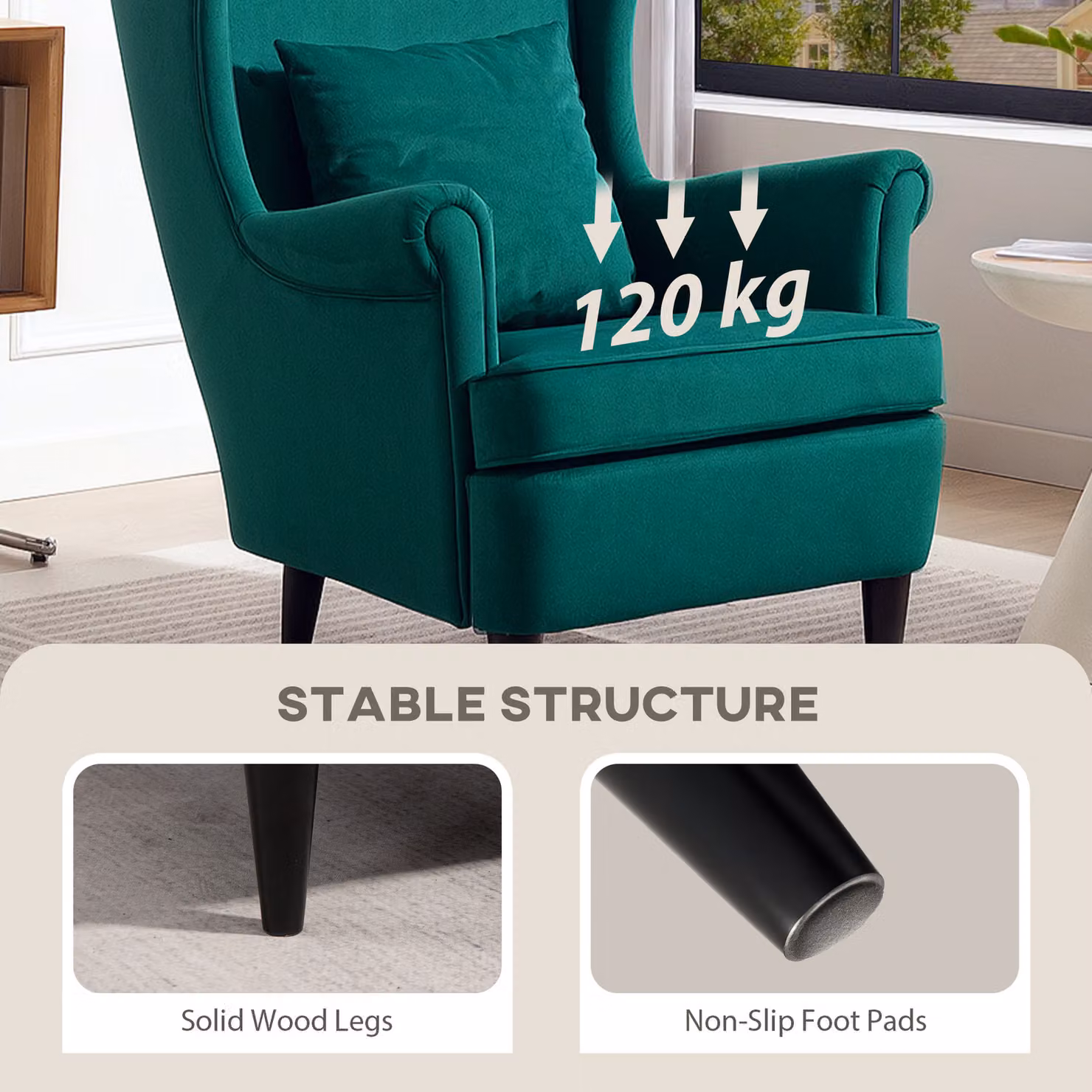 HOMCOM Modern Dark Green Velvet Wingback Accent Chair with High Backrest and Pillow – 5