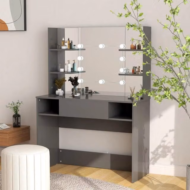 Berkfield Home Modern Makeup Table with Hollywood LED Lights in Grey, W/D/H: 100 x 40 x 135 cm