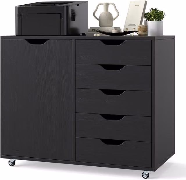 Costway Mobile 5-Drawer Chest of Drawers with Adjustable Shelf in Black