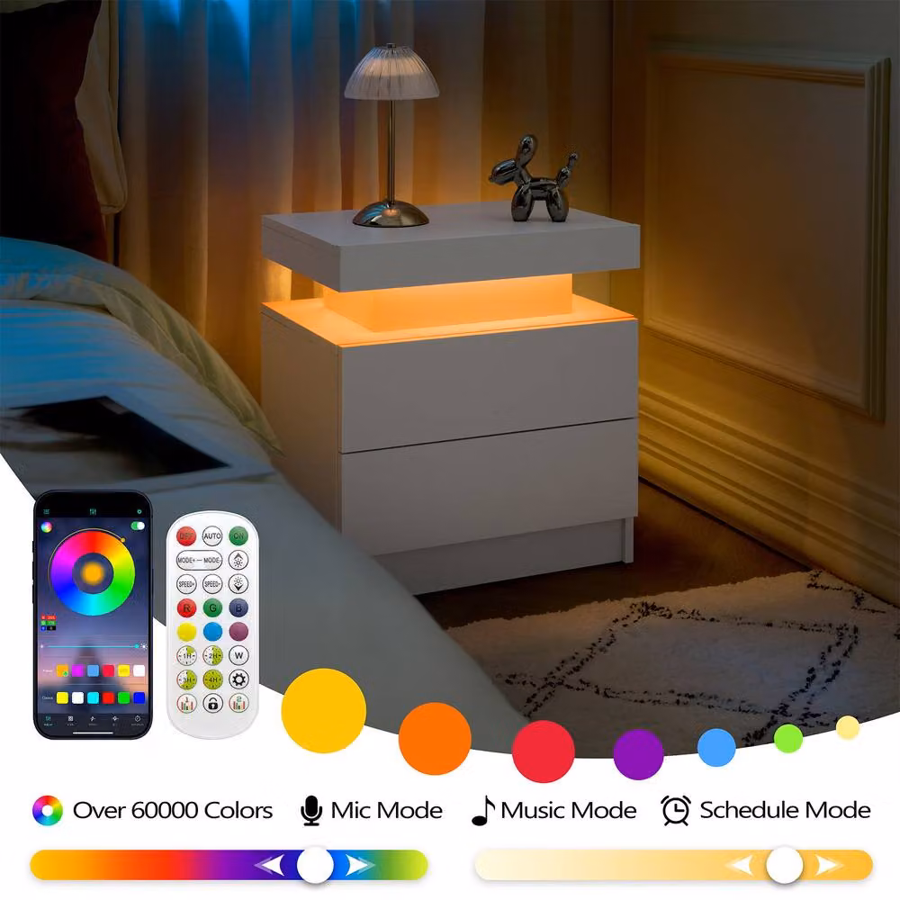Matteo Modern LED Bedside Table with 2 Drawers in White – 3