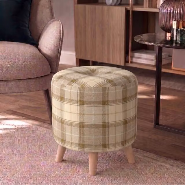 Nexus Mattresses Ltd Round Button Footstool in Cream Tartan Fabric with Natural Angled Feet