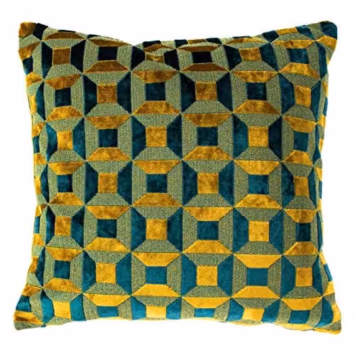 Paoletti Empire Velvet Jacquard Geometric Cushion in Petrol, Gold and Blue, W/D/H: 45 x 45 x 45 cm – 1