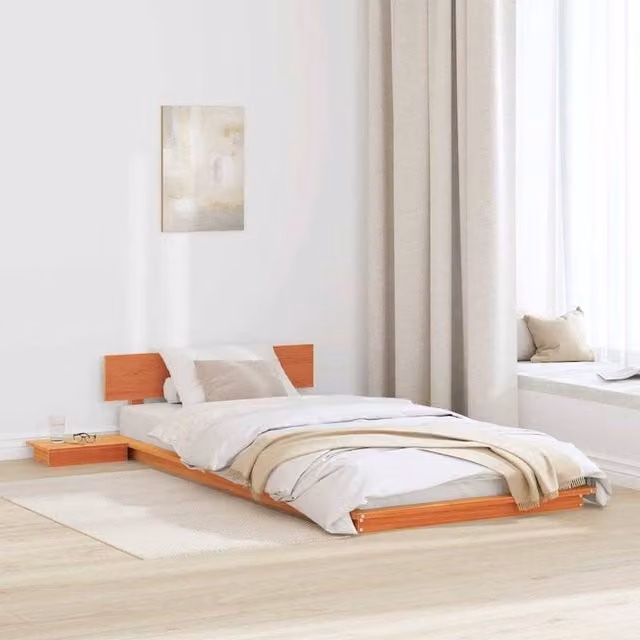 Berkfield Home Wax Brown Solid Pine Wood Floor Bed Frame with Bedside Shelves, W/D/H: 80 x 200 cm