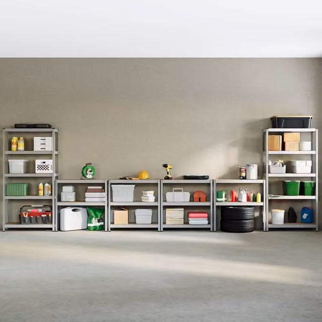 Home Discount Home Vida Set of 4 Heavy Duty 5 Tier Garage Shelves and Work Benches in Metallic Silver, W: 90 cm, D: 90 cm, H: 180 cm – 1