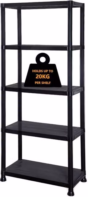 Nordara 5 Tier Plastic Storage Shelving Unit Organiser in Black