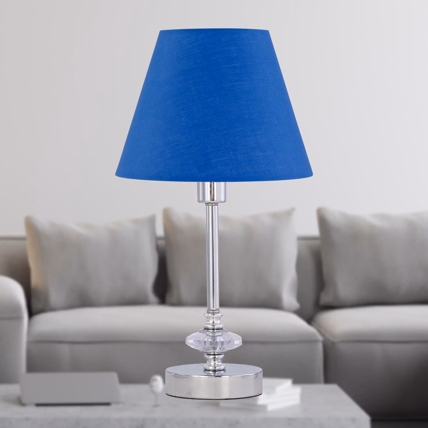 First Choice Lighting Chrome Jewelled Table Lamp with Blue Fabric Cone Shade – 2
