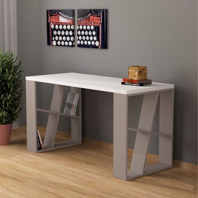 Decortie Modern Computer Desk with Bookshelf Legs in Mocha Grey