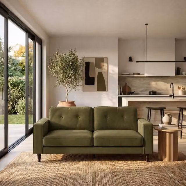 Furniturebox UK Jasper 3 Seater Linen-Look Fabric Sofa in Green