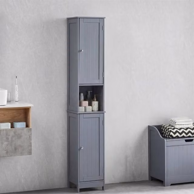 KORVIXA Grey Modern Bathroom Storage Cabinet with 2 Hinged Doors and Internal Shelves, W: 60.0 cm, H: 75.0 cm