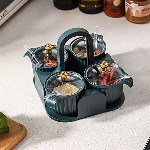 JINGYAN 4-Compartment Plastic Spice Shaker and Seasoning Storage Box with Lid and Spoon in Green – 2