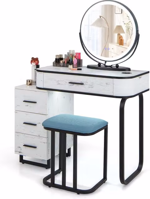 Costway Modern White Hollywood LED Vanity Table and Stool Set