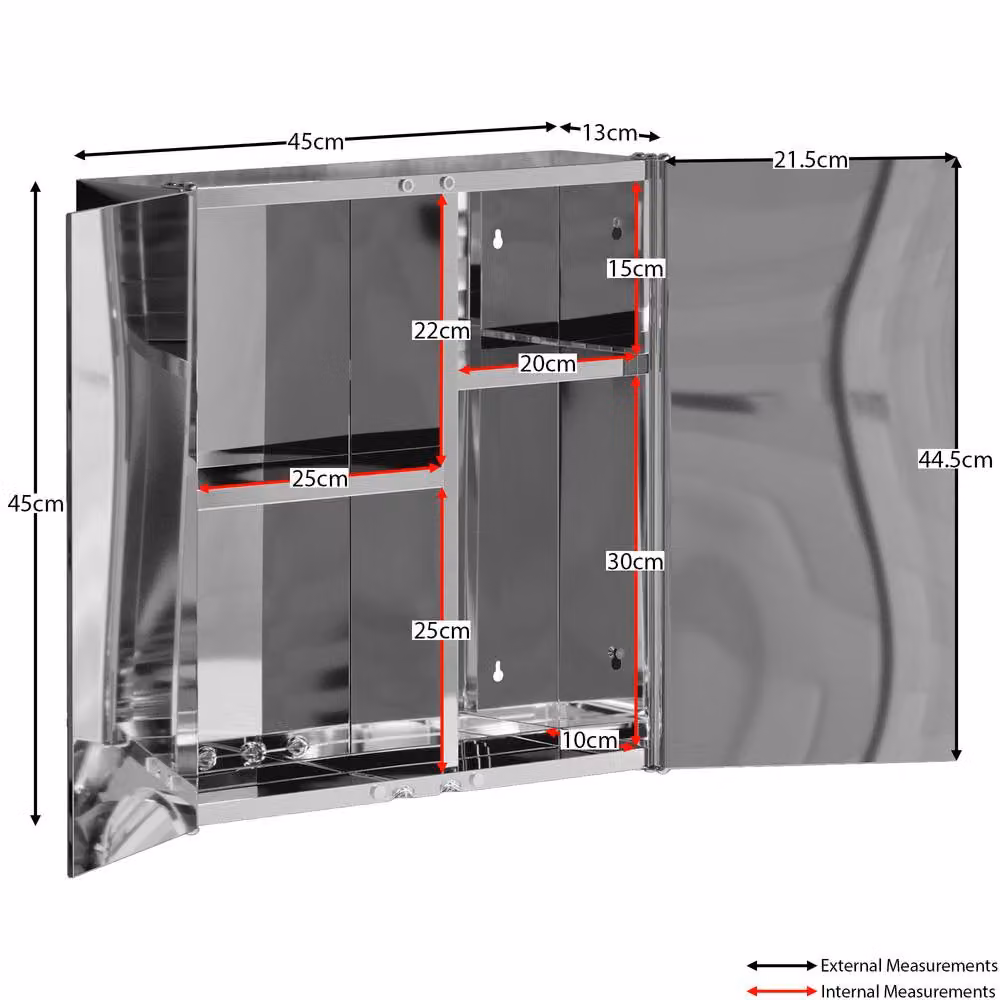 HD Designs Silver Stainless Steel Mirrored Wall Cabinet with Hinged Doors and Internal Shelves, W/D/H: 45.0 x 45.0 x 2.0 cm – 2