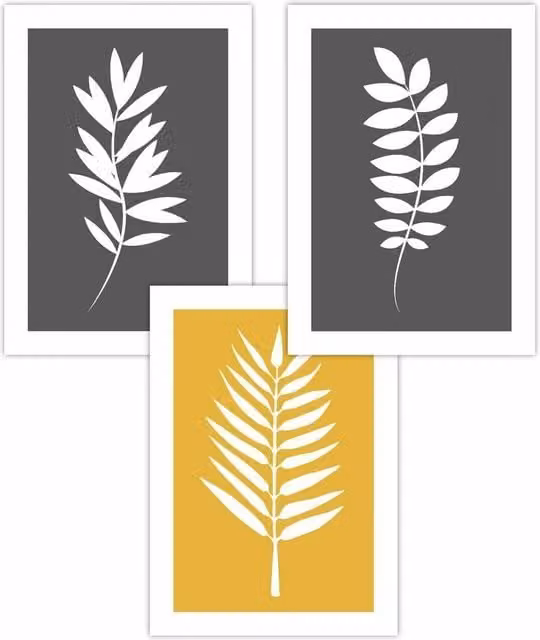 ARTZE Set of 3 Boho Botanical Floral Graphic Paper Posters in Grey, Yellow and White, W: 30 cm x H: 42 cm