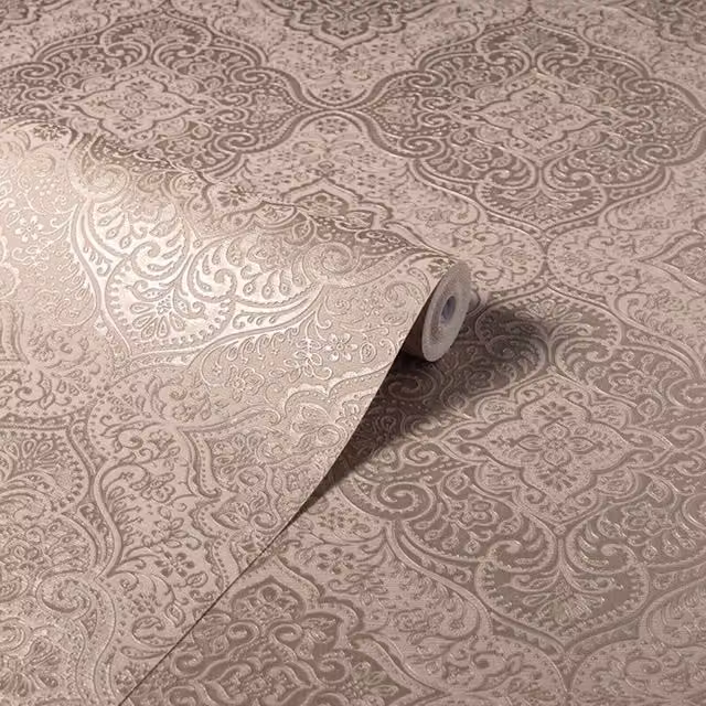 Arthouse Rose Gold Medallion Damask Wallpaper in Grey and Gold Metallic Vinyl
