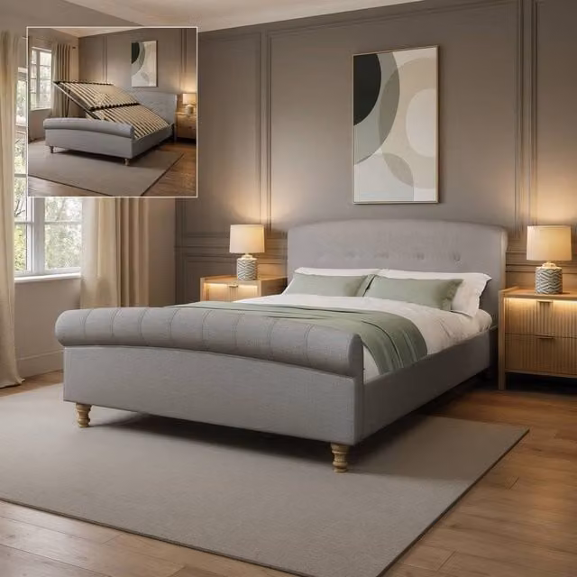X Rocker Camille Upholstered Shadow Ottoman Double Sleigh Bed in Grey, 140 x 200 cm