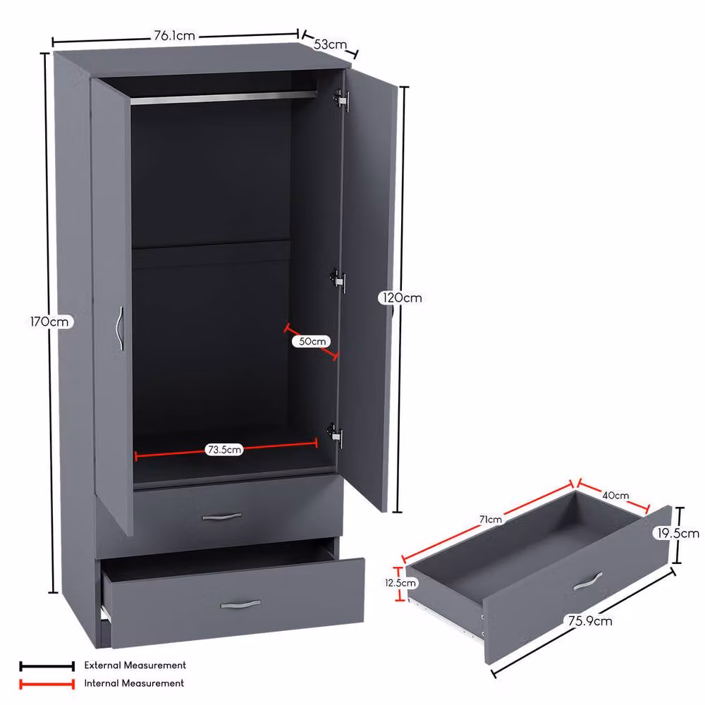 HD Designs Riano Modern 2 Door 2 Drawer Wardrobe in Grey – 3
