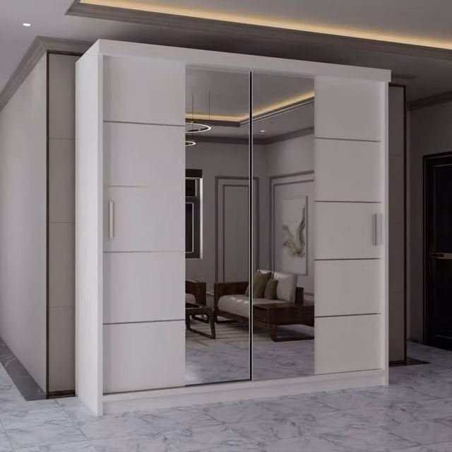 MN Furniture Modern White and Silver Wardrobe with Sliding Mirror Doors and Integrated LED Lighting, W: 150 cm, H: 217 cm
