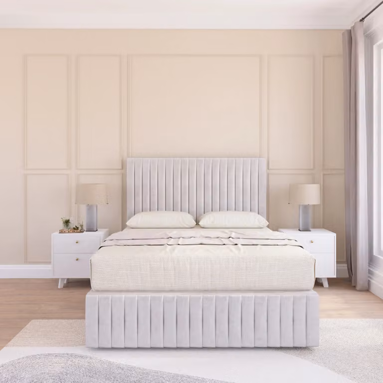 Sloomy Madison Divan Bed Base with 12 inch Footboard and 54 inch Floor Standing Headboard, Silver Velvet Fabric, W/D/H: 180 x 200 cm, King Size